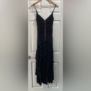 Bari Jay gown. 3/4 length. black rhinestones down front. Layered ruffles bottom